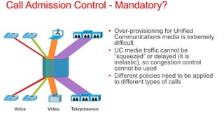 Call Admission Control - Mandatory?

                                • Over-provisioning for Unified
                                  Communications media is extremely
                                  difficult
                                • UC media traffic cannot be
                                  ―squeezed‖ or delayed (it is
                                  inelastic), so congestion control
                                  cannot be used
                                • Different policies need to be applied
                                  to different types of calls



 Voice   Video   Telepresence
 