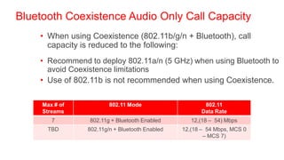 Bluetooth Coexistence Audio Only Call Capacity
    • When using Coexistence (802.11b/g/n + Bluetooth), call
      capacity is reduced to the following:
    • Recommend to deploy 802.11a/n (5 GHz) when using Bluetooth to
      avoid Coexistence limitations
    • Use of 802.11b is not recommended when using Coexistence.

     Max # of           802.11 Mode                    802.11
     Streams                                          Data Rate
        7        802.11g + Bluetooth Enabled       12,(18 – 54) Mbps
       TBD      802.11g/n + Bluetooth Enabled   12,(18 – 54 Mbps, MCS 0
                                                        – MCS 7)
 