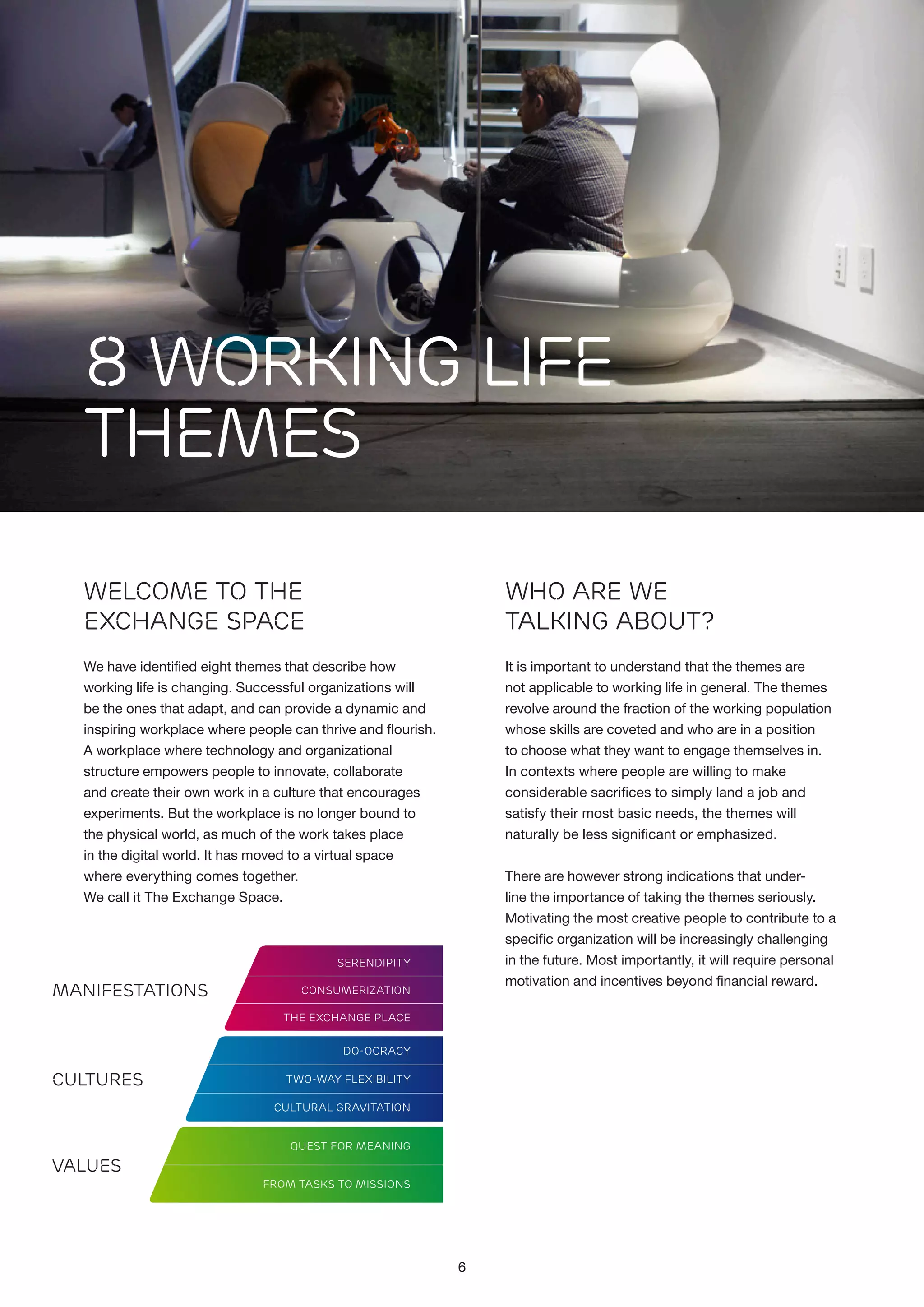 8 Working Life
Themes
Welcome to The
Exchange Space

Who are we
talking about?

We have identified eight themes that describe how
working life is changing. Successful organizations will
be the ones that adapt, and can provide a dynamic and
inspiring workplace where people can thrive and flourish.
A workplace where technology and organizational
structure empowers people to innovate, collaborate
and create their own work in a culture that encourages
experiments. But the workplace is no longer bound to
the physical world, as much of the work takes place
in the digital world. It has moved to a virtual space
where everything comes together.
We call it The Exchange Space.

It is important to understand that the themes are
not applicable to working life in general. The themes
revolve around the fraction of the working population
whose skills are coveted and who are in a position
to choose what they want to engage themselves in.
In contexts where people are willing to make
considerable sacrifices to simply land a job and
satisfy their most basic needs, the themes will
naturally be less significant or emphasized.
There are however strong indications that underline the importance of taking the themes seriously.
Motivating the most creative people to contribute to a
specific organization will be increasingly challenging
in the future. Most importantly, it will require personal

Serendipity

MANIFESTATIONS

motivation and incentives beyond financial reward.

Consumerization
The Exchange Place
Do-ocracy

CULTURES

Two-Way FlexibiliTY
Cultural Gravitation
Quest For MeAning

Values
From Tasks To MissionS

6

 