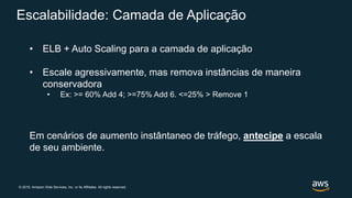 © 2019, Amazon Web Services, Inc. or its Affiliates. All rights reserved.
Escalabilidade: Camada de Aplicação
• ELB + Auto Scaling para a camada de aplicação
• Escale agressivamente, mas remova instâncias de maneira
conservadora
• Ex: >= 60% Add 4; >=75% Add 6. <=25% > Remove 1
Em cenários de aumento instântaneo de tráfego, antecipe a escala
de seu ambiente.
 