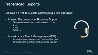 © 2019, Amazon Web Services, Inc. or its Affiliates. All rights reserved.
Preparação: Suporte
Contrate o nível de suporte correto para a sua operação!
• Mínimo Recomendado: Business Support
• Tempo de atendimento estimado em 1 hora
• 24/7
• Chat
• Telefone
• Infrastructure Event Management (IEM)
• Acessível para clientes com Business Support
• Gratuito para clientes com Enterprise Support
 