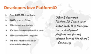 ➢ Over 2,000,000 downloads
➢ 5,000+ stars on Github
➢ 750+ boards and dev/kits
➢ 30+ dev/platforms and architectures
➢ 150+ countries over the globe
➢ The most rated extension on
Microsoft Marketplace
“After I discovered
PlatformIO. I have never
looked back. It is true open
source development
platform, not for only
selected brands like others”,
– Community
Developers love PlatformIO
 