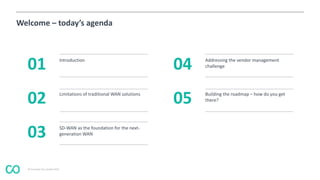 © Coevolve Pty Limited 2015
01
02
03
04
05
Welcome – today’s agenda
Introduction
Limitations of traditional WAN solutions
SD-WAN as the foundation for the next-
generation WAN
Addressing the vendor management
challenge
Building the roadmap – how do you get
there?
 
