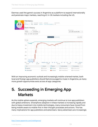 The Next Horizon of Emerging App Markets
 
Etermax used the game’s success in Argentina as a platform to expand internationally
and penetrate major markets, reaching #1 in 16 markets including the US.
With an improving economic outlook and increasingly mobile-oriented market, both
local and foreign app publishers should feel encouraged to invest in Argentina, as many
more growth opportunities exist across all app categories.
5. Succeeding in Emerging App
Markets
As the mobile sphere expands, emerging markets will continue to lure app publishers
with global ambitions. Smartphone adoption in these markets is increasing rapidly and
due to heavy investment into mobile technologies, many consumers have moved from
being mobile-aware to mobile-first in their thought processes and actions. This has
many implications for app publishers and advertisers. Savvy advertisers are increasingly
http://www.appannie.com/intelligence/
© 2016 App Annie​                                                                                            ​    ​ 15
 