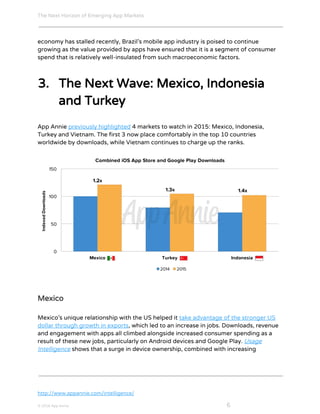 The Next Horizon of Emerging App Markets
 
economy has stalled recently, Brazil’s mobile app industry is poised to continue
growing as the value provided by apps have ensured that it is a segment of consumer
spend that is relatively well-insulated from such macroeconomic factors.
3. The Next Wave: Mexico, Indonesia
and Turkey
App Annie ​previously highlighted​ ​4 markets to watch in 2015: Mexico, Indonesia,
Turkey and Vietnam. The first 3 now place comfortably in the top 10 countries
worldwide by downloads, while Vietnam continues to charge up the ranks.
Mexico
Mexico’s unique relationship with the US helped it ​take advantage of the stronger US
dollar through growth in exports​, which led to an increase in jobs. Downloads, revenue
and engagement with apps all climbed alongside increased consumer spending as a
result of these new jobs, particularly on Android devices and Google Play. ​Usage
Intelligence​ ​shows that a surge in device ownership, combined with increasing
http://www.appannie.com/intelligence/
© 2016 App Annie​                                                                                            ​    ​ 6
 