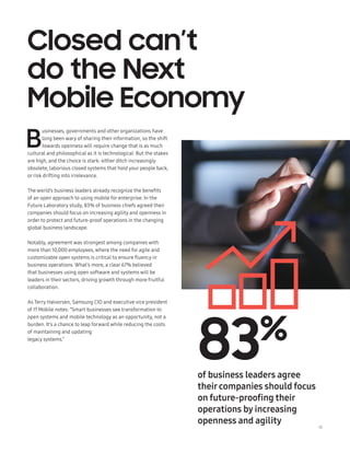 10
83%
of business leaders agree
theircompanies should focus
on future-proofing their
operations by increasing
openness and agility
Closed can’t
do the Next
Mobile Economy
B
usinesses, governments and other organizations have
long been wary of sharing their information, so the shift
towards openness will require change that is as much
cultural and philosophical as it is technological. But the stakes
are high, and the choice is stark: either ditch increasingly
obsolete, laborious closed systems that hold your people back,
or risk drifting into irrelevance.
The world’s business leaders already recognize the benefits
of an open approach to using mobile for enterprise. In the
Future Laboratory study, 83% of business chiefs agreed their
companies should focus on increasing agility and openness in
order to protect and future-proof operations in the changing
global business landscape.
Notably, agreement was strongest among companies with
more than 10,000 employees, where the need for agile and
customizable open systems is critical to ensure fluency in
business operations. What’s more, a clear 67% believed
that businesses using open software and systems will be
leaders in their sectors, driving growth through more fruitful
collaboration.
As Terry Halvorsen, Samsung CIO and executive vice president
of IT Mobile notes: “Smart businesses see transformation to
open systems and mobile technology as an opportunity, not a
burden. It’s a chance to leap forward while reducing the costs
of maintaining and updating
legacy systems.”
 