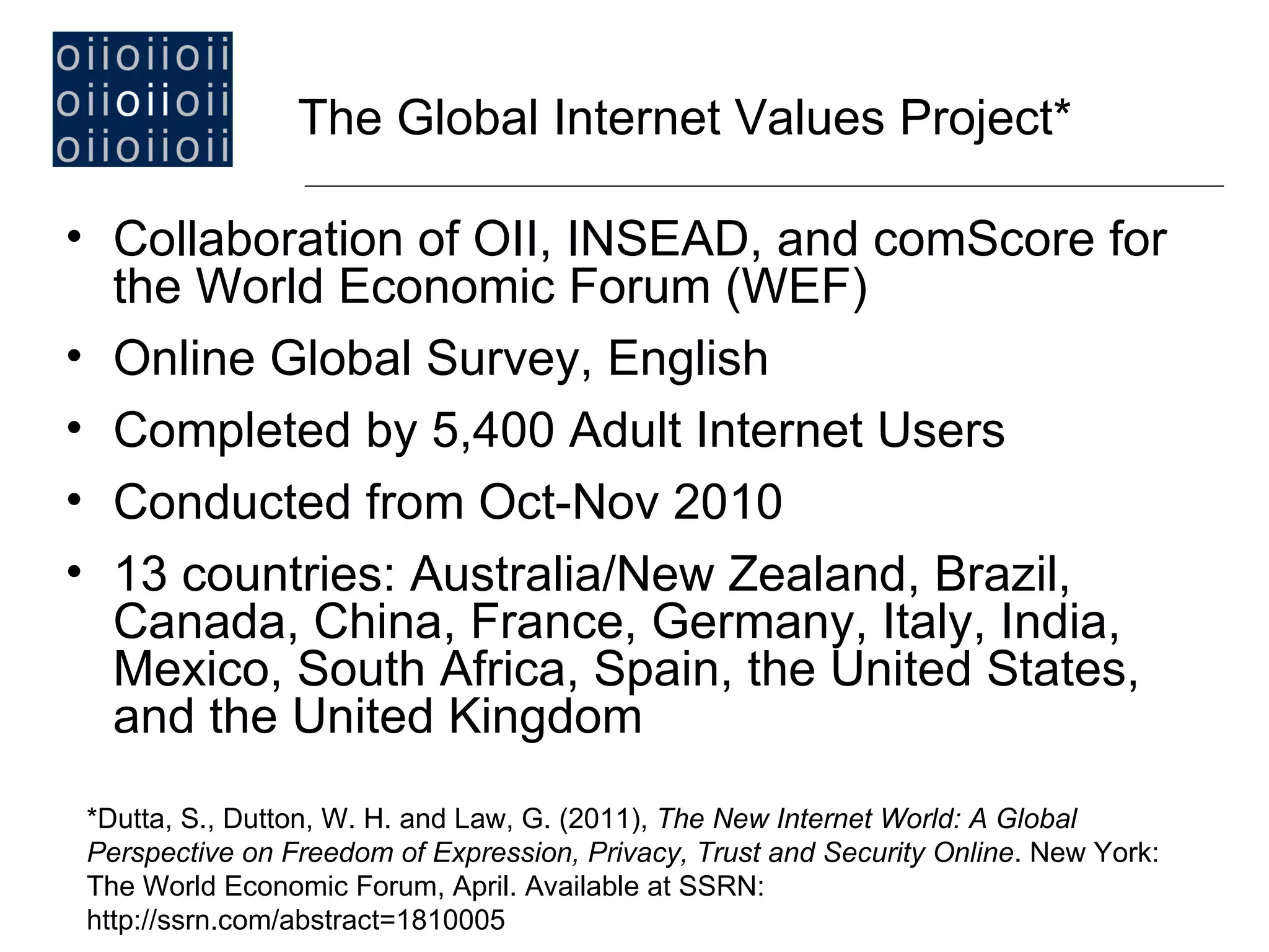 Collaboration of OII, INSEAD, and comScore for the World Economic Forum (WEF) Online Global Survey, English  Completed by 5,400 Adult Internet Users  Conducted from Oct-Nov 2010 13 countries: Australia/New Zealand, Brazil, Canada, China, France, Germany, Italy, India, Mexico, South Africa, Spain, the United States, and the United Kingdom The Global Internet Values Project*   *Dutta, S., Dutton, W. H. and Law, G. (2011),  The New Internet World: A Global Perspective on Freedom of Expression, Privacy, Trust and Security Online . New York: The World Economic Forum, April. Available at SSRN: http://ssrn.com/abstract=1810005 
