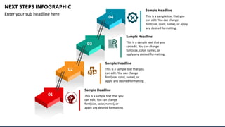 04
03
02
NEXT STEPS INFOGRAPHIC
Enter your sub headline here
Sample Headline
This is a sample text that you
can edit. You can change
font(size, color, name), or
apply any desired formatting.
Sample Headline
This is a sample text that you
can edit. You can change
font(size, color, name), or apply
any desired formatting.
Sample Headline
This is a sample text that you
can edit. You can change
font(size, color, name), or
apply any desired formatting.
Sample Headline
This is a sample text that you
can edit. You can change
font(size, color, name), or
apply any desired formatting.
01
 