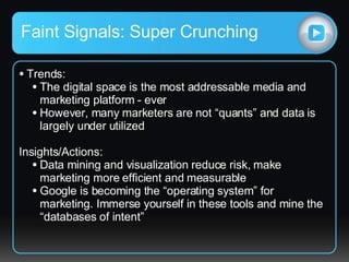 Faint Signals: Super Crunching <ul><li>Trends: </li></ul><ul><ul><li>The digital space is the most addressable media and m...