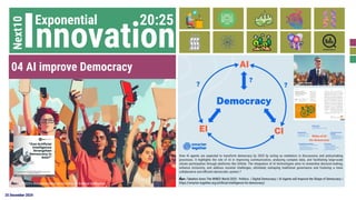 25 December 2024
Exponential
Next10 20:25
04 AI improve Democracy
ที่มา : Takahiro Anno The WIRED World 2025 - Politics / Digital Democracy / AI Agents will Improve the Shape of Democracy /
https://smarter-together.org/artiﬁcial-intelligence-for-democracy/
Innovation
ที่มา : UNESCO’s Recommendation on the Ethics of Artiﬁcial Intelligence
How AI agents are expected to transform democracy by 2025 by acting as mediators in discussions and policymaking
processes. It highlights the role of AI in improving communication, analyzing complex data, and facilitating large-scale
citizen participation through platforms like GitHub. The integration of AI technologies aims to streamline decision-making,
enhance inclusivity, and address societal challenges, ultimately reshaping traditional governance and fostering a more
collaborative and eﬃcient democratic system.?
 
