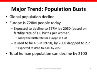 Major Trend: Population Busts
• Global population decline
• Europe is 728M people today
  – Expected to decline to 557M by 2050 (based on
    fertility rate of 1.6 births per woman)
     • Today the birth rate for Europe is 1.4!
  – It used to be 4.5 in 1970s, by 2000 dropped to 2.7
     • Expected to drop to 2.05 by 2050
• Total human population can decline by 2100


                     All rights reserved © Naeem Zafar   10
 