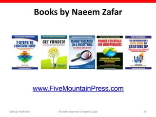 Books by Naeem Zafar




                   www.FiveMountainPress.com


Startup Workshop          All rights reserved © Naeem Zafar   24
 