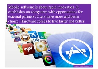 Mobile software is about rapid innovation. It
establishes an ecosystem with opportunities for
external partners. Users have more and better
                           The next generation	

choice. Hardware comes to live faster and better 	





                                            Source: Apple Appstore, 2011	

 