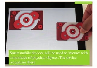 Source: Volumique.com/en	





Smart mobile devices will be used to interact with
a multitude of physical objects. The device
recognizes these	

 