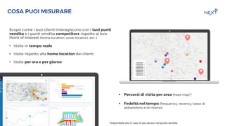 TITOLO DELLA PREENTAZIONE
DATA
COSA PUOI MISURARE
Scopri come i tuoi clienti interagiscono con i tuoi punti
vendita e i punti vendita competitors rispetto ai loro
Point of Interest (home location, work location, etc..)
• Visite in tempo reale
• Visite rispetto alla home location dei clienti
• Visite per ora e per giorno
• Percorsi di visita per area (heat map*)
• Fedeltà nel tempo (frequency, recency, tasso di
abbandono e di ritorno)
●
●
●
●
●
●
●
●
●
●
●
●
*Disponibile solo in caso di più sensori nel punto vendita
 