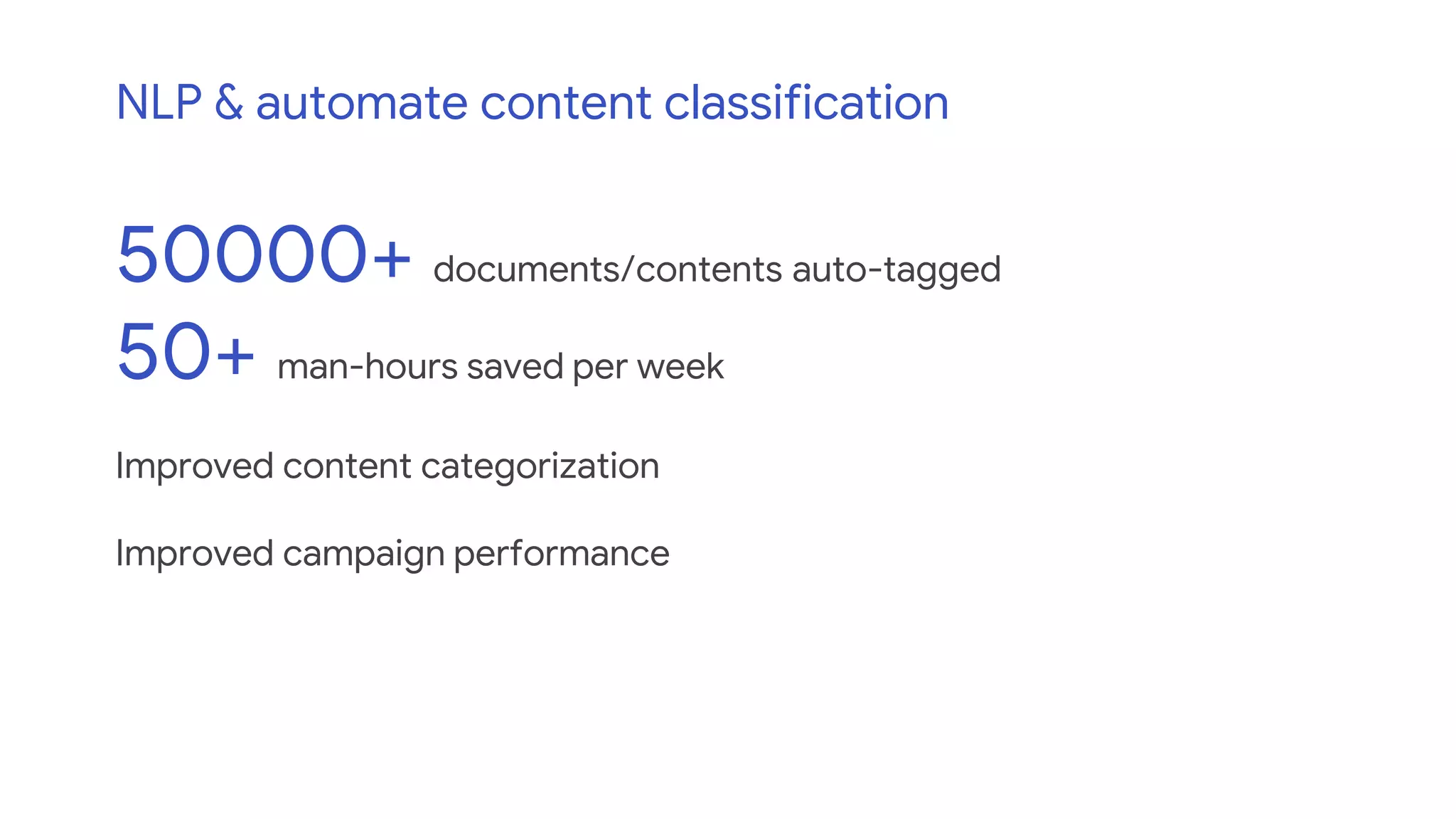50000+ documents/contents auto-tagged
50+ man-hours saved per week
Improved content categorization
Improved campaign performance
NLP & automate content classification
 