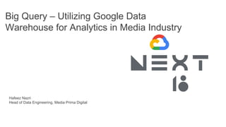 Big Query – Utilizing Google Data
Warehouse for Analytics in Media Industry
Hafeez Nazri
Head of Data Engineering, Media Prima Digital
 