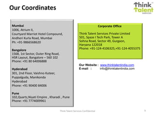Think Talent Services Confidential 9
Mumbai
1006, Atrium II,
Courtyard Marriot Hotel Compound,
Andheri Kurla Road, Mumbai
Ph: +91-9866568620
Bangalore
1568, 1st Sector, Outer Ring Road,
HSR Layout, Bangalore – 560 102
Phone: +91 80 64006888
Hyderabad
301, 2nd Floor, Vaishno Kuteer,
Puppalguda, Manikonda
Hyderabad
Phone: +91 90400 84006
Pune
102,Quartz,Niyati Empire , Kharadi , Pune
Phone: +91 7774009961
Our Coordinates
Our Website : www.thinktalentindia.com
E-mail : info@thinktalentindia.com
Corporate Office
Think Talent Services Private Limited
501, Spaze I Tech Park, Tower A
Sohna Road, Sector 49, Gurgaon,
Haryana 122018
Phone: +91-124-4106325,+91-124-4055375
 