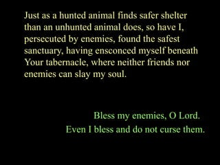 Just as a hunted animal finds safer shelter
than an unhunted animal does, so have I,
persecuted by enemies, found the safest
sanctuary, having ensconced myself beneath
Your tabernacle, where neither friends nor
enemies can slay my soul.
Bless my enemies, O Lord.
Even I bless and do not curse them.
 