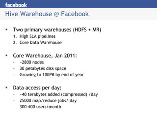 Hive Warehouse @ Facebook Two primary warehouses (HDFS + MR) High SLA pipelines Core Data Warehouse Core Warehouse, Jan 2011: ~2800 nodes 30 petabytes disk space Growing to 100PB by end of year Data access per day: ~40 terabytes added (compressed) /day 25000 map/reduce jobs/ day 300-400 users/month 