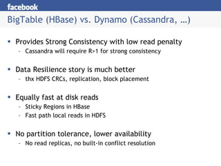 BigTable (HBase) vs. Dynamo (Cassandra, …) Provides Strong Consistency with low read penalty Cassandra will require R>1 for strong consistency Data Resilience story is much better thx HDFS CRCs, replication, block placement Equally fast at disk reads Sticky Regions in HBase Fast path local reads in HDFS No partition tolerance, lower availability No read replicas, no built-in conflict resolution 