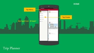 Trip Planner
HOME
Navigation Drawer
Tap Menu
Tap Create
 