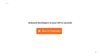 POSTMAN
18
Onboard developers to your API in seconds
 
