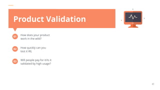 POSTMAN
21
How does your product
work in the wild?
01
How quickly can you
test it IRL
02
Will people pay for it/Is it
validated by high usage?
03
Product Validation
 
