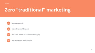 POSTMAN
4
Zero “traditional” marketing
CONFIDENTIAL
No sales people01
No online or offline ads02
No sales events or launch events (yet)03
No tech event stalls/booths04
 