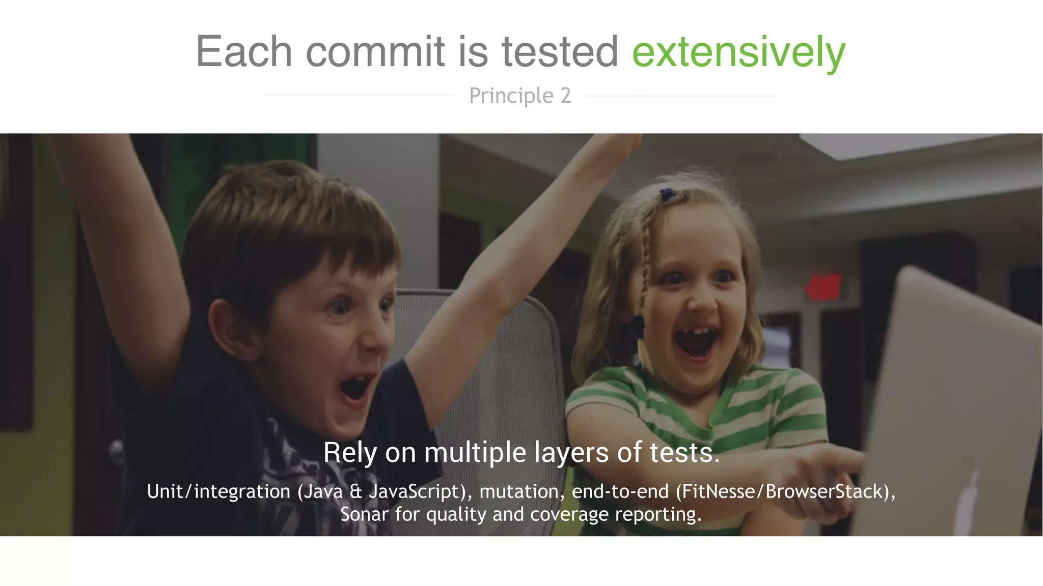 Unit/integration (Java & JavaScript), mutation, end-to-end (FitNesse/BrowserStack),
Sonar for quality and coverage reporting.
Rely on multiple layers of tests.
Each commit is tested extensively
Principle 2
 