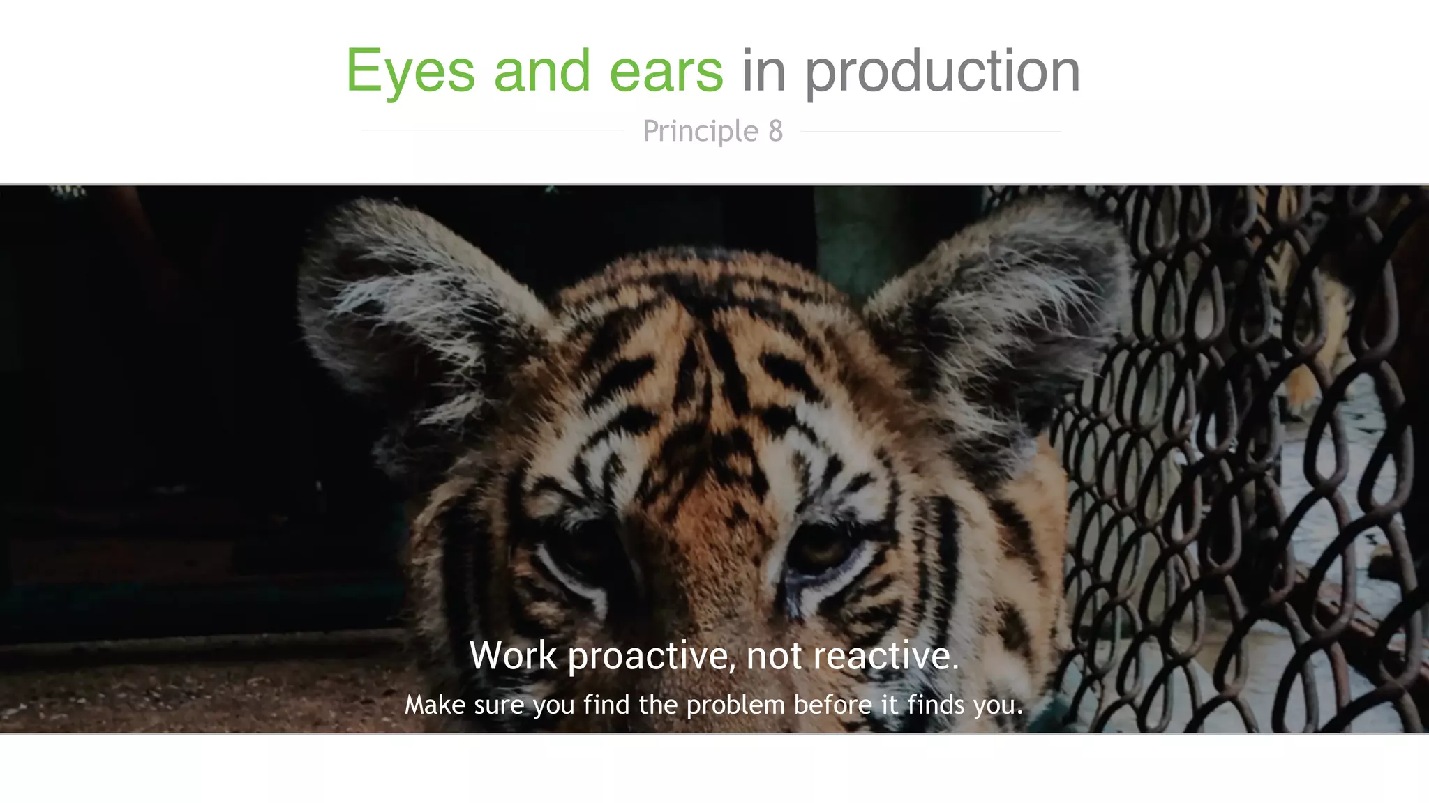 Make sure you find the problem before it finds you.
Work proactive, not reactive.
Eyes and ears in production
Principle 8
 