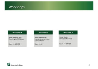 Workshops




      Workshop 4               Workshop 5                Workshop 6


Social Media im B2B       Social Media in der      Social Media
Marketing bei IBM Lotus   internen Unternehmens-   im Geschäftsbericht
                          kommunikation

Raum 14-028-030           Raum 14-021              Raum 14-024-026




                                                                         29
 