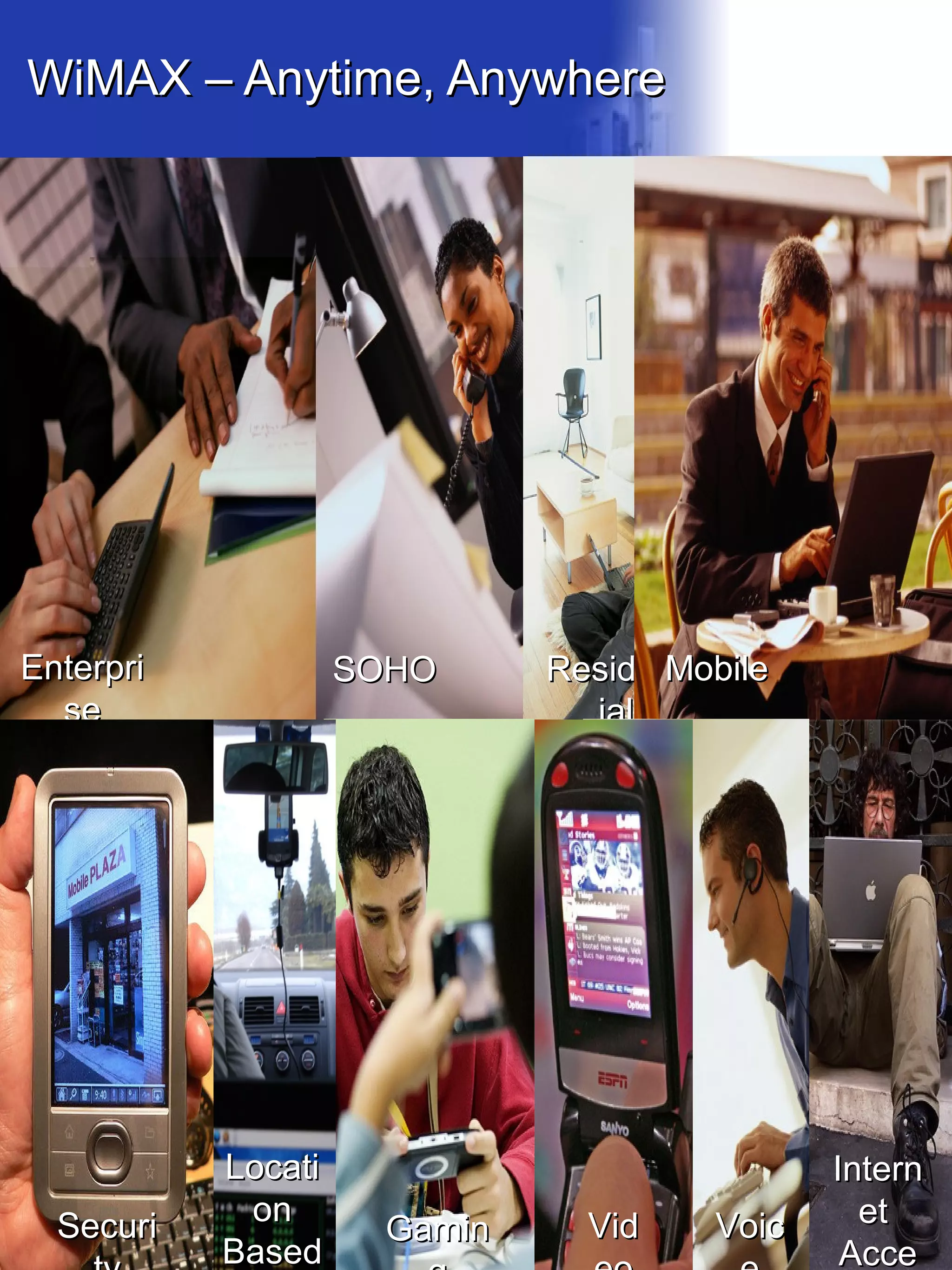 WiMAX – Anytime, Anywhere




Enterpri            SOHO            Mobile
                              Resident
  se                            ial




                                                   Confidential Information




           Locati                             Intern
  Securi    on                  Vid    Voic     et
                      Gamin
           Based                               Acce
 