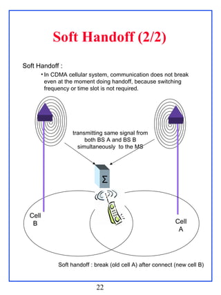 Soft Handoff (2/2)
Soft Handoff :
         • In CDMA cellular system, communication does not break
           even at the moment doing handoff, because switching
           frequency or time slot is not required.




                    transmitting same signal from
                         both BS A and BS B
                      simultaneously to the MS




                                Σ


  Cell
   B                                                           Cell
                                                                A




               Soft handoff : break (old cell A) after connect (new cell B)



                              22
 