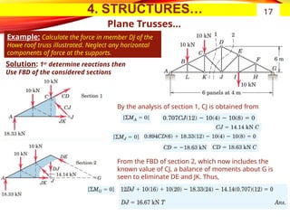 4. STRUCTURES…
Plane Trusses…
Example: Calculate the force in member DJ of the
Howe roof truss illustrated. Neglect any horizontal
components of force at the supports.
17
By the analysis of section 1, CJ is obtained from
From the FBD of section 2, which now includes the
known value of CJ, a balance of moments about G is
seen to eliminate DE and JK. Thus,
Solution: 1st
determine reactions then
Use FBD of the considered sections
 