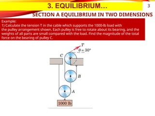 3. EQUILIBRIUM…
SECTION A EQUILIBRIUM IN TWO DIMENSIONS
Example:
1) Calculate the tension T in the cable which supports the 1000-lb load with
the pulley arrangement shown. Each pulley is free to rotate about its bearing, and the
weights of all parts are small compared with the load. Find the magnitude of the total
force on the bearing of pulley C.
3
 