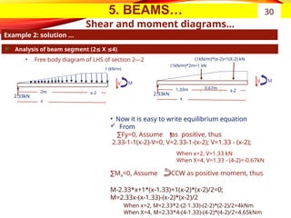 5. BEAMS…
Shear and moment diagrams…
Example 2: solution …
30
 Analysis of beam segment (2 X 4)
≤ ≤
• Free body diagram of LHS of section 2---2
x
V M
1 (kN/m)
2.33kN
• Now it is easy to write equilibrium equation
 From
∑Fy=0, Assume as positive, thus
2.33-1-1(x-2)-V=0, V=2.33-1-(x-2); V=1.33 - (x-2);
∑MA=0, Assume CCW as positive moment, thus
M-2.33*x+1*(x-1.33)+1(x-2)*(x-2)/2=0;
M=2.33x-(x-1.33)-(x-2)*(x-2)/2
When x=2, V=1.33 kN
When X=4, V=1.33 - (4-2)=-0.67kN
When x=2, M=2.33*2-(2-1.33)-(2-2)*(2-2)/2=4kNm
When X=4, M=2.33*4-(4-1.33)-(4-2)*(4-2)/2=4.65kNm
2m x-2
x
V M
2.33kN
1.33m x-2
(1kN/m)*(x-2)=1(X-2) kN
(1kN/m)*2m=1 kN
0.67m
 