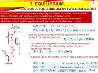 3. EQUILIBRIUM…
SECTION A EQUILIBRIUM IN TWO DIMENSIONS
Solution. The free-body diagram of each pulley is drawn in its relative position to the
others. We begin with pulley A, which includes the only known force.
With the unspecified pulley radius designated by r, the equilibrium of moments
about its center O and the equilibrium of forces in the vertical direction require
Just like pulley A we may write the equilibrium of forces on
pulley B . Simply by inspection
For pulley C the angle Ɵ= 30 in no way affects the moment
of T about the center of the pulley, so that moment
equilibrium requires
Equilibrium of the pulley in the x- and y-directions requires
(Ans)
4
 