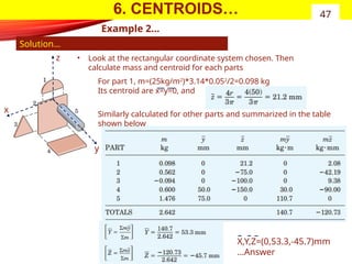 6. CENTROIDS…
Example 2…
47
• Look at the rectangular coordinate system chosen. Then
calculate mass and centroid for each parts
Solution…
z
x
y
For part 1, m=(25kg/m2
)*3.14*0.052
/2=0.098 kg
Its centroid are x=y=0, and
Similarly calculated for other parts and summarized in the table
shown below
X,Y,Z=(0,53.3,-45.7)mm
…Answer
 