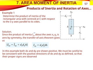 7. AREA MOMENT OF INERTIA 57
Products of Inertia and Rotation of Axes…
Example 1
Determine the product of inertia of the
rectangular area with centroid at C with respect
to the x-y axes parallel to its sides.
Solution.
Since the product of inertia Ixy about the axes x0-y0 is
zero by symmetry, the transfer-of-axis theorem gives
us
In this example both dx and dy are shown positive. We must be careful to
be consistent with the positive directions of dx and dy as defined, so that
their proper signs are observed
 