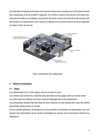 9
Les données et bases de données sont souvent devenues cruciales pour le fonctionnement
des entreprises et de la société en général. Un nombre croissant de donnés sont dites don-
nées personnelles ou sensibles, ce pourquoi de hauts niveaux de sécurité et de service sont
demandés aux datacenters, pour assurer l'intégrité et le fonctionnement de leurs appareils
et éviter le déni de service.
Fig2: architecture d’un datacenter
II. Rôles et composants
II.1 Rôles
Les datacenters ont un rôle majeur dans le monde du web :
Les moteurs de recherche y stockent des données sur les pages web du monde entier.
Les sites web eux-mêmes sont bien souvent hébergés dans des datacenters.
Les entreprises stockent les données de leurs salariés sur des datacenters pour les rendre
disponibles partout dans le monde.
D’une manière générale, l’émergence du cloud est liée à l’utilisation de datacenters, qui vont
stocker des informations et les rendre accessibles au travers d’une connexion Internet aux
utilisateurs.
 