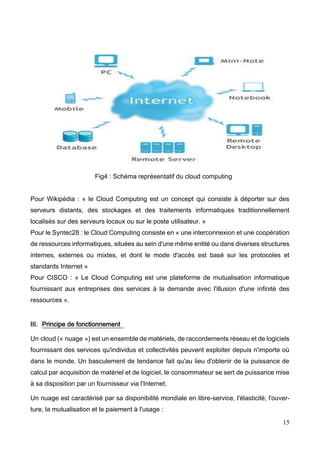 15
Fig4 : Schéma représentatif du cloud computing
Pour Wikipédia : « le Cloud Computing est un concept qui consiste à déporter sur des
serveurs distants, des stockages et des traitements informatiques traditionnellement
localisés sur des serveurs locaux ou sur le poste utilisateur. »
Pour le Syntec28 : le Cloud Computing consiste en « une interconnexion et une coopération
de ressources informatiques, situées au sein d'une même entité ou dans diverses structures
internes, externes ou mixtes, et dont le mode d'accès est basé sur les protocoles et
standards Internet »
Pour CISCO : « Le Cloud Computing est une plateforme de mutualisation informatique
fournissant aux entreprises des services à la demande avec l'illusion d'une infinité des
ressources ».
III. Principe de fonctionnement
Un cloud (« nuage ») est un ensemble de matériels, de raccordements réseau et de logiciels
fournissant des services qu'individus et collectivités peuvent exploiter depuis n'importe où
dans le monde. Un basculement de tendance fait qu'au lieu d'obtenir de la puissance de
calcul par acquisition de matériel et de logiciel, le consommateur se sert de puissance mise
à sa disposition par un fournisseur via l'Internet.
Un nuage est caractérisé par sa disponibilité mondiale en libre-service, l'élasticité, l'ouver-
ture, la mutualisation et le paiement à l'usage :
 