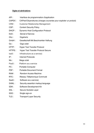55
Sigles et abréviations
API : Interface de programmation d'application
CAPEX : CAPital EXpenditures (charges courantes pour exploiter un produit)
CRM : Customer Relationship Management
CSP : Content Security Policy
DHCP : Dynamic Host Configuration Protocol
DoS : Denial of Service
Ghz : Gigahertz
GmbH : Gesellschaft Mit Beschrankter Haftung
Go : Giga octet
HTTP : Hyper Text Transfer Protocol
HTTPS : Hyper Text Transfer Protocol Secure
IaaS : Infrastructure as a service)
IP : Internet Protocole
Mo : Mega octet
PaaS : Platform as a service
PC : Portable Computer
PDF : Portable Document Format
RAM : Random Access Machine
RTC : Réseau Téléphonique Commuté
SaaS : Software as a service)
SAML : Security assertion markup language
SDK : Software Development Kit
SSL : Secure Sockets Layer
SSO : Single sign-on
TLS : Transport Layer Security
 