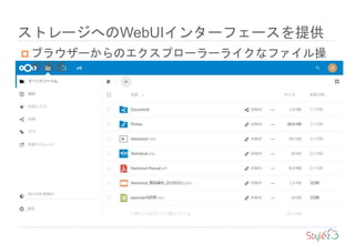 ストレージへのWebUIインターフェースを提供
 ブラウザーからのエクスプローラーライクなファイル操
作画面
 