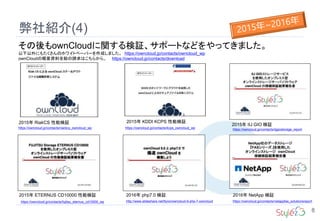 弊社紹介(4)
8
その後もownCloudに関する検証、サポートなどをやってきました。
以下以外にもたくさんのホワイトペーパーを作成しました。 https://owncloud.jp/contacts/owncloud_wp
ownCloudの概要資料全般の請求はこちらから。 https://owncloud.jp/contacts/download
2016年 php7.0 検証2015年 ETERNUS CD10000 性能検証 2016年 NetApp 検証
2015年 IIJ GIO 検証
http://www.slideshare.net/ttyno/owncloud-9-php-7-owncloudhttps://owncloud.jp/contacts/fujitsu_eternus_cd10000_wp https://owncloud.jp/contacts/netappfas_solutionsreport
https://owncloud.jp/contacts/iijgiostorage_reporthttps://owncloud.jp/contacts/riackcs_owncloud_wp https://owncloud.jp/contacts/kcps_owncloud_wp
2015年 KDDI KCPS 性能検証2015年 RiakCS 性能検証
 