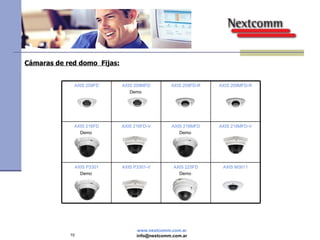 Cámaras de red domo  Fijas: AXIS 209FD AXIS 209MFD Demo  AXIS 209FD-R AXIS 209MFD-R AXIS 216FD Demo  AXIS 216FD-V AXIS 216MFD Demo  AXIS 216MFD-V AXIS P3301 Demo  AXIS P3301-V AXIS 225FD Demo  AXIS M3011 
