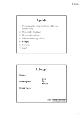 6/15/2010




                   Agenda
1. De succesvolle organisatie ten tijde van
   verandering
2. Organisatiestructuur
3. Organisatiecultuur
4. Mensen in de organisatie
5. Budget
6. Bureaus
7. Jezelf




                  5. Budget
Kosten
                         Geld
Opbrengsten              Tijd
                         Kennis

Besparingen




                                                    11
 