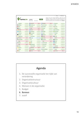 6/15/2010




   Claim je webpresence




                                              25




                   Agenda
1. De succesvolle organisatie ten tijde van
   verandering
2. Organisatiestructuur
3. Organisatiecultuur
4. Mensen in de organisatie
5. Budget
6. Bureaus
7. Jezelf




                                                         13
 