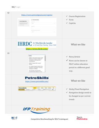 16 | P a g e
Competitive Benchmarking for NExT training.net
12
https://www.petroedgeasia.net/register
 Course Registration
 Form
 Captcha
https://www.ihrdc.com/
What we like
13
 News/Article
 News can be shown in
NExT online education
portal in a different good
way.
https://www.petroskills.com/ What we like
 Sticky/Fixed Navigation
 Navigation design needs to
be changed as per current
trends
 