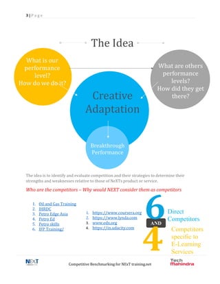 3 | P a g e
Competitive Benchmarking for NExT training.net
The idea is to identify and evaluate competition and their strategies to determine their
strengths and weaknesses relative to those of NeXTs product or service.
Who are the competitors – Why would NEXT consider them as competitors
1. Oil and Gas Training
2. IHRDC
3. Petro Edge Asia
4. Petro Ed
5. Petro skills
6. IFP Training/
The Idea
What are others
performance
levels?
How did they get
there?
What is our
performance
level?
How do we do it?
Creative
Adaptation
Breakthrough
Performance
AND
4
Competitors
specific to
E-Learning
Services
6Direct
Competitors
1. https://www.coursera.org
2. https://www.lynda.com
3. www.edx.org
4. https://in.udacity.com
 